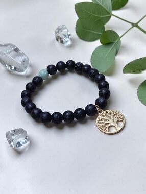 Gold Tree of life Bead Bracelet with Blue Accent